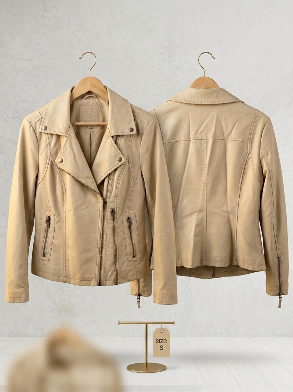 Max Studio Beige Leather Moto Jacket - Women's